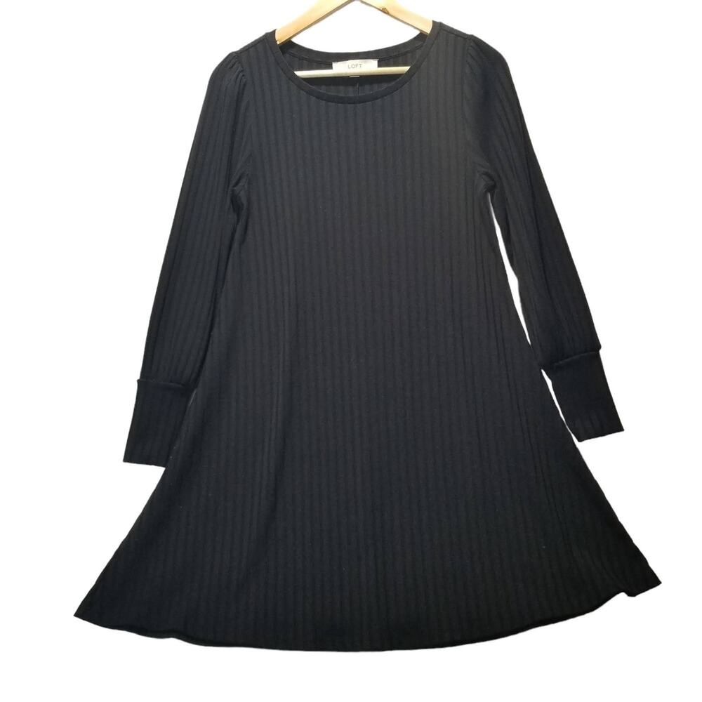 Ann Taylor LOFT Dress XS Black Knit Sweater Long Sleeve Ribbed Swing - Picture 2 of 6